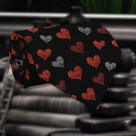 Gravata Red Burgundy Silver Glitter Hearts on Black
