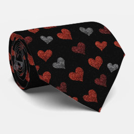 Gravata Red Burgundy Silver Glitter Hearts on Black