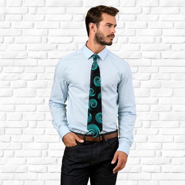 Gravata Redemoinhos de Preto e Azul Água (Black and Aqua Teal Swirls Neck Tie)