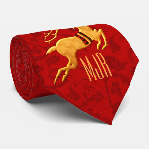 Gravata Reindeer de ouro no Damasco Vermelho com Monograma