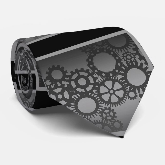 Gravata Relógio Preto e Prata Engrenagens Steampunk Gravat (Rolled)
