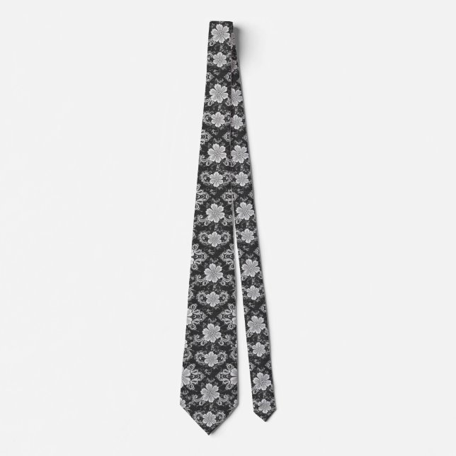 Gravata Renda Floral Branca sobre Preto (Frente)