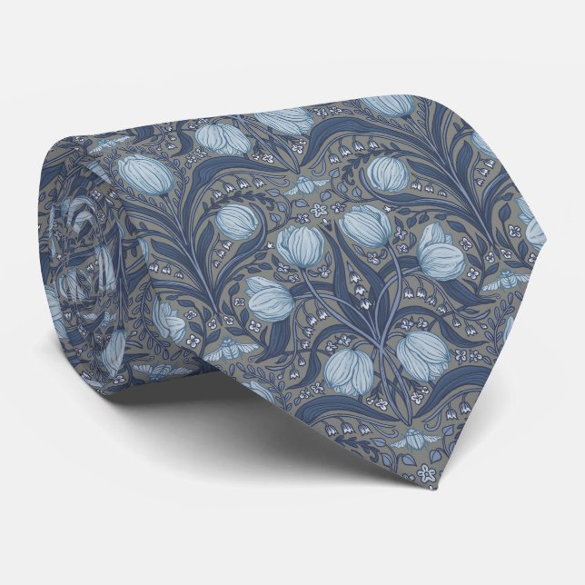 Gravata Retro Nouveau Tulips in blue and pewter (Rolled)
