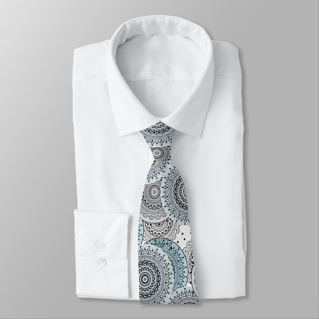 Gravata Retro, padrão retrô, azul e cinza, elegante (Amarrado)