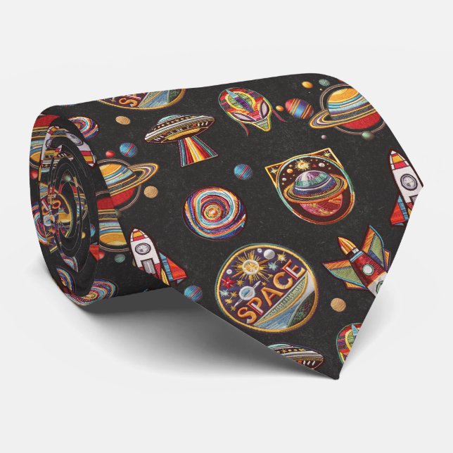 Gravata Retro Space and UFO Pattern for Sci-Fi Fans (Rolled)