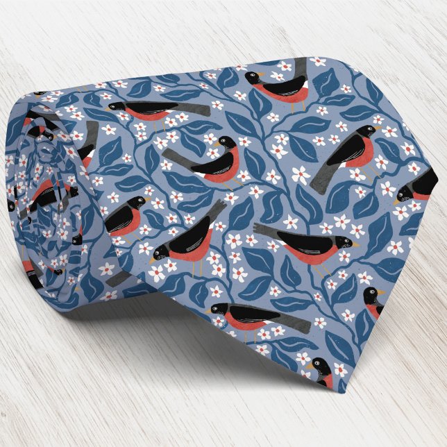 Gravata Roberto-americano Flor de Maçã Pássaro Flor (American Robin Redbreast Apple Blossom Michigan state bird flower pattern blue neck tie)