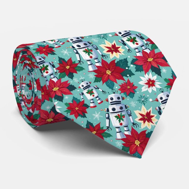 Gravata Robôs de Natal retrô e Poinsettias Mint Green (Rolled)
