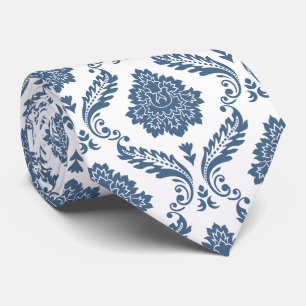Gravata Rococó Padrão Repertório Damask Azul sobre Branco