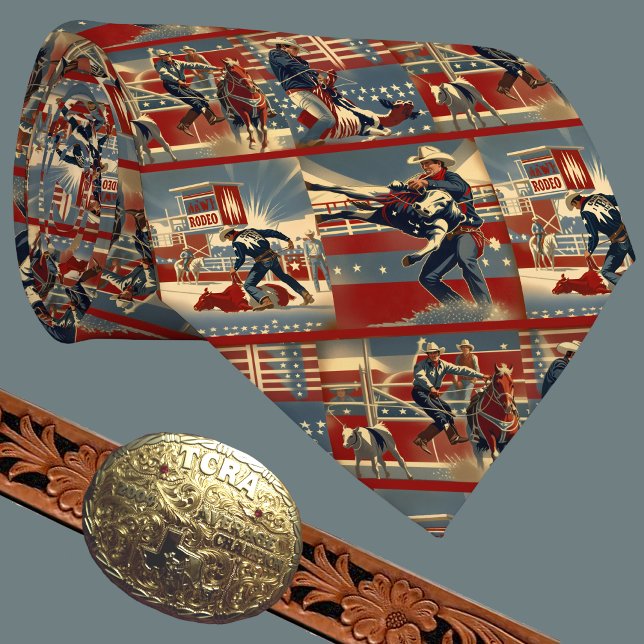 Gravata Rodeo Cowboys Calf Roping (Western Rodeo Cowboys Tiedown Calf Roping Scenes on Men's Necktie)