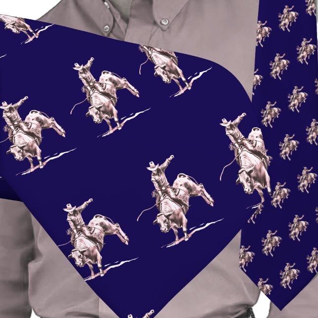Gravata Rodeo Ocidental Touro-Vaqueiro a Correr Bronze em  (Western Rodeo Cowboy Bull Rider Men's Necktie)