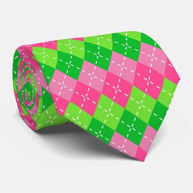 Gravata Rosa e Verde Argyle com Costura Branca (Rolled)
