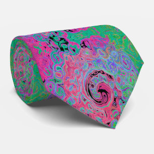 Gravata Rosa e Verde Lima Groovy Abstrato Redemoinho Retro