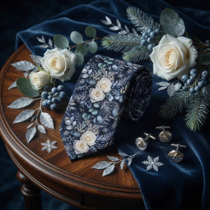 Gravata Rosa Floral de Inverno Azul Luxuosa Eucalipto Meia