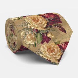 Gravata Rosa Floral Dourada e Borgonha de Natal