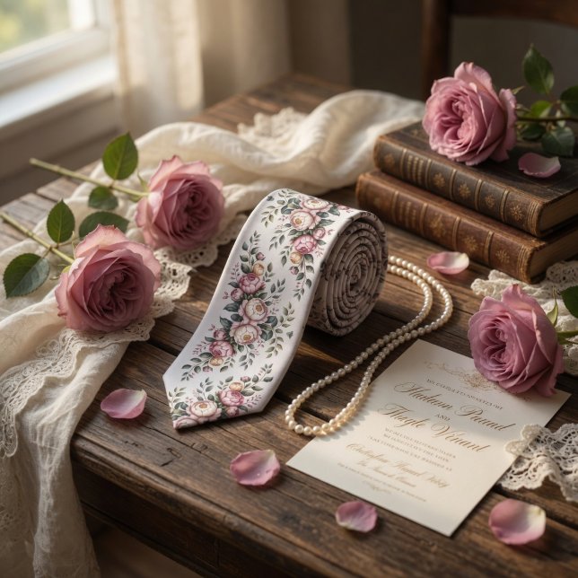 Gravata Rosa Malva Elegante Floral Vintage (Criador carregado)