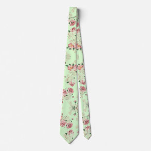 Gravata Rosa na Floral Verde Vintage
