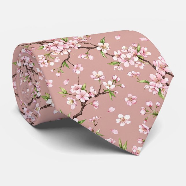 Gravata rosa para homens com padrão floral branco  (Rolled)
