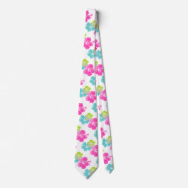 Gravata Rosa/Verde/Aqua Blue Hibiscus/Hawaiian Floral