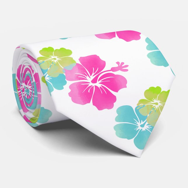 Gravata Rosa/Verde/Aqua Blue Hibiscus/Hawaiian Floral (Rolled)