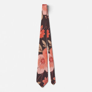 Gravata Rosa Vibrante e Floral Laranja em Marrom Escuro