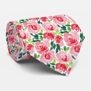 Gravata Rosa Vibrante e Vermelho Suculento Floral Abstrato