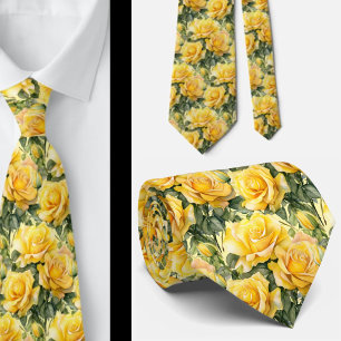 Gravata Rosas Amarelas de Aquarela Primavera Verão Floral