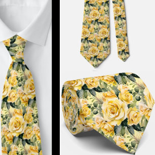 Gravata Rosas Amarelas de Aquarela Primavera Verão Floral
