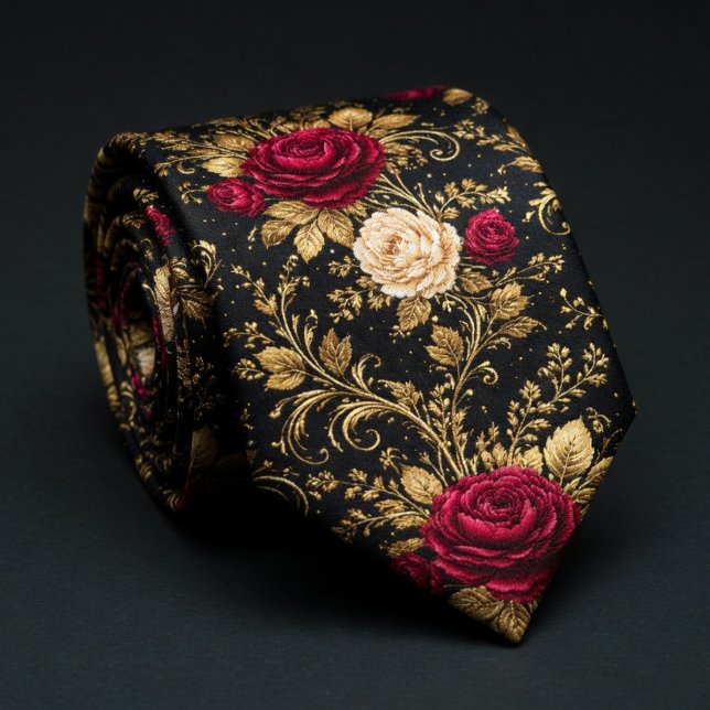 Gravata Rosas Barrocas Pretas Elegância (Criador carregado)