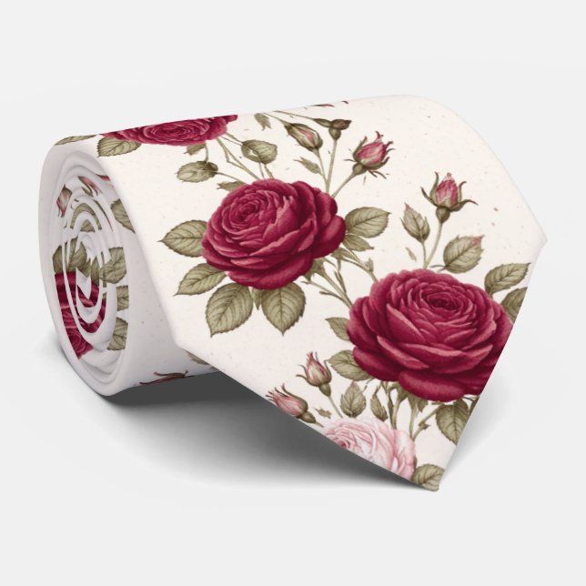Gravata Rosas Burgundy em Fundo Marfim (Rolled)
