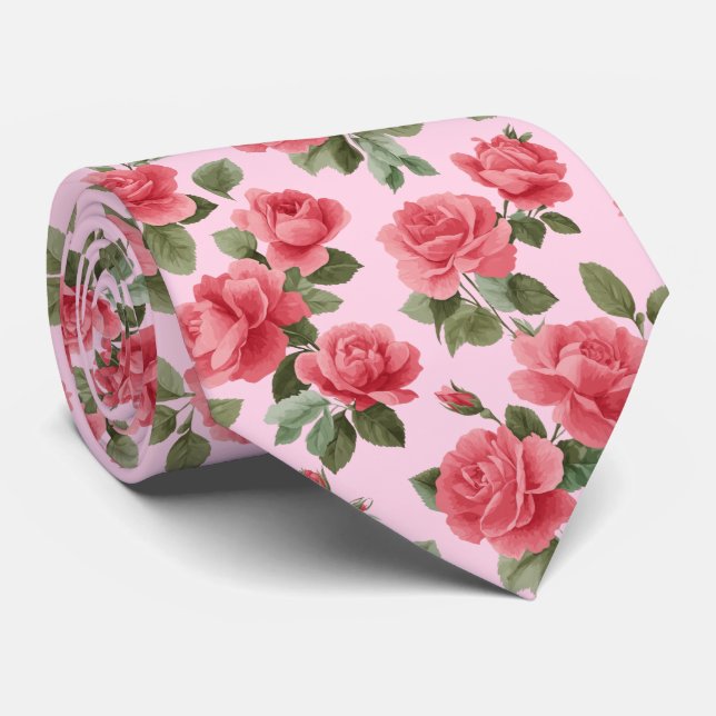 Gravata Rosas Cor-de-Rosa Românticas Padrão Botânico (Rolled)
