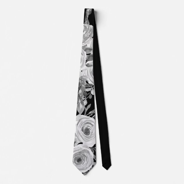 Gravata Rosas de aquarela, preto e branco e Cinzas (Frente)