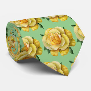 Gravata Rosas de Aquarela Verde Amarelo Elegante