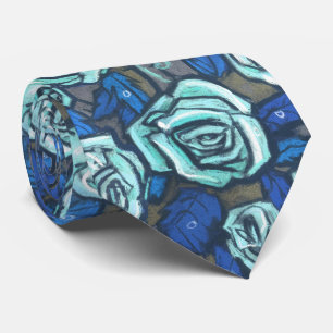 Gravata Rosas de Outono Padrão Floral Retro Azul Cinza Hor