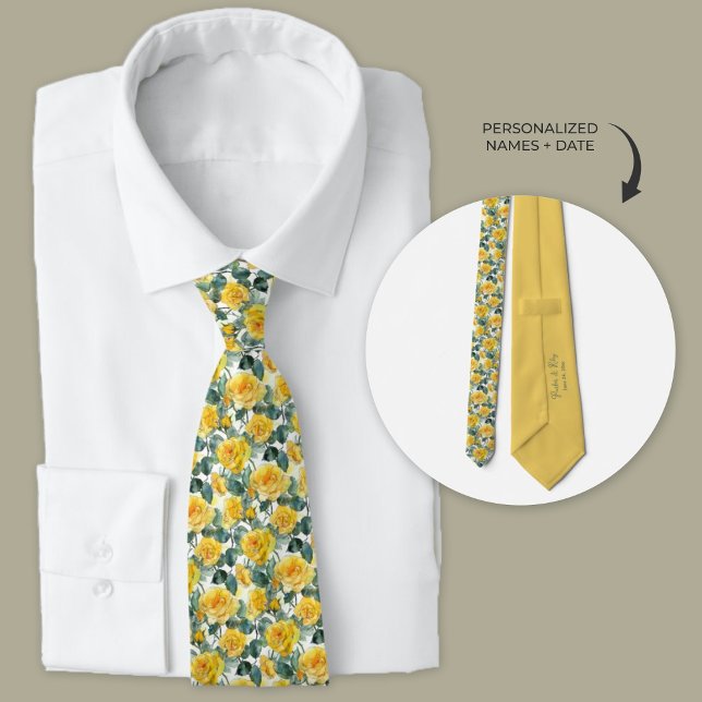 Gravata Rosas do Jardim Amarelo Colar do Pescoço (Yellow rose garden flower necktie for groomsmen keepsake gift.)