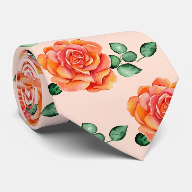 Gravata Rosas Florais de Aquarela Verde Rosa (Rolled)