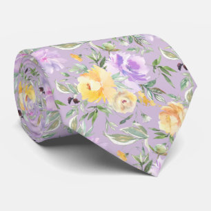Gravata Rosas Florais de Lavanda em Aquarela Amarela e Rox