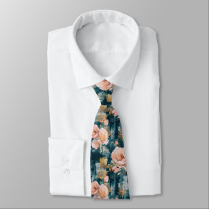 Gravata Rosas Rosa Bege Maximalista Floral Teal