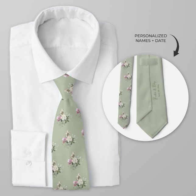 Gravata Rosas Rosa de Aquarela Personalizadas (Sage green personalized wedding tie with pink roses)