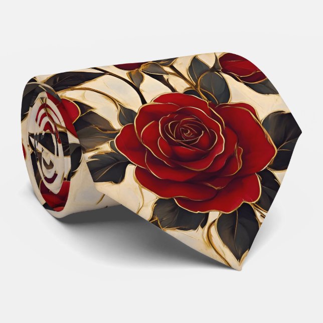 Gravata Rosas Vermelhas e Douradas em Fundo Cremoso (Rolled)