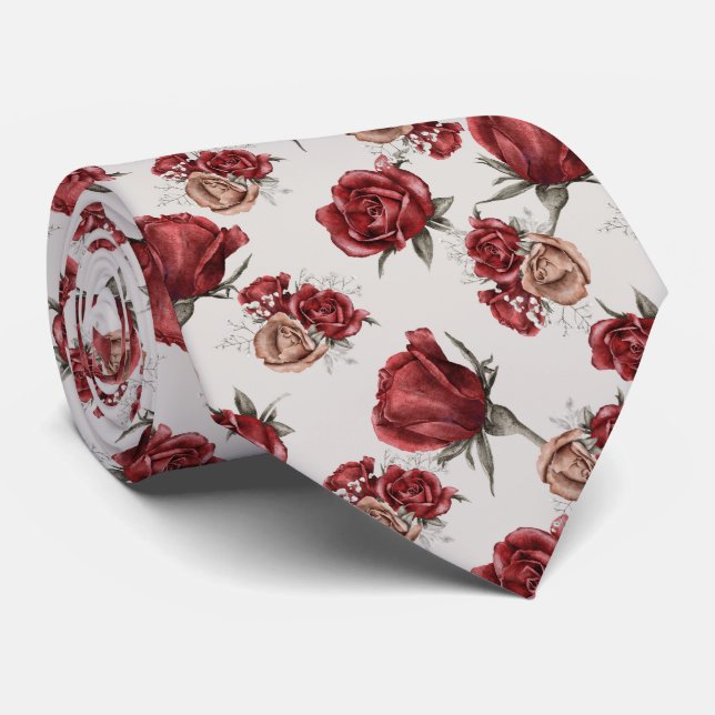 Gravata Rosas Vermelhas e Douradas Sobre Branco (Rolled)