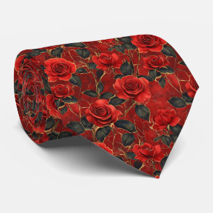 Gravata Rosas Vermelhas e Douradas Sobre Vermelho