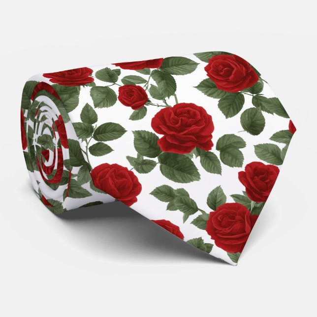 Gravata Rosas Vermelhas Profundas com Folhas Padrão Sem Co (Rolled)