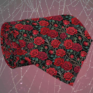 Gravata Rosas Vermelhas & Teias de Aranha Arte Nova Gótica