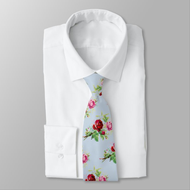 Gravata rosas vintage em azul de pó suave  (Amarrado)