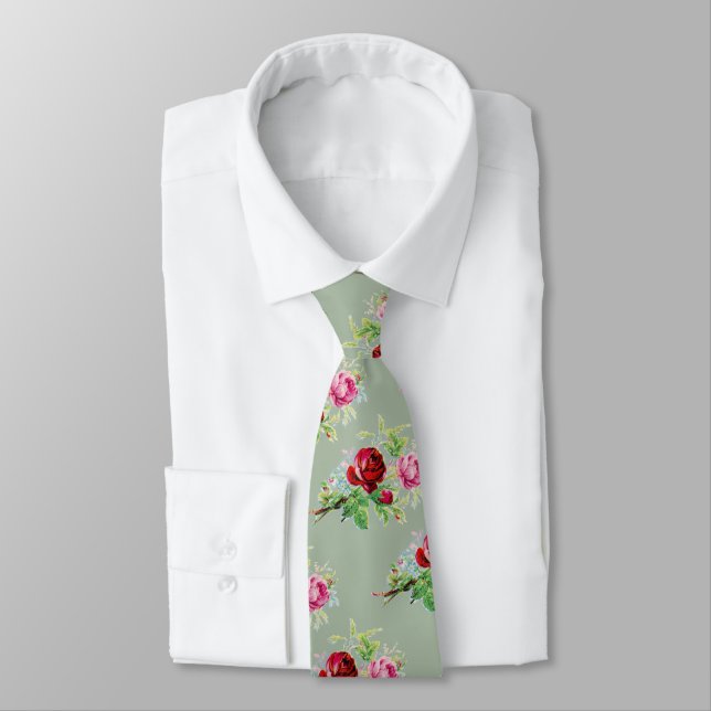 Gravata rosas vintage em sage verde empoeirado  (Amarrado)