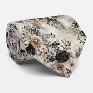 Gravata Rosas Vintage Watercolor em bege, Necktie Negra