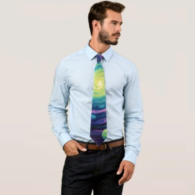 Gravata Rotação Planetária  (Neon Galaxy Space Neck Tie – Cosmic Spiral Planets Mens Accessory Trippy Nebula Sci-Fi Formal Gift)
