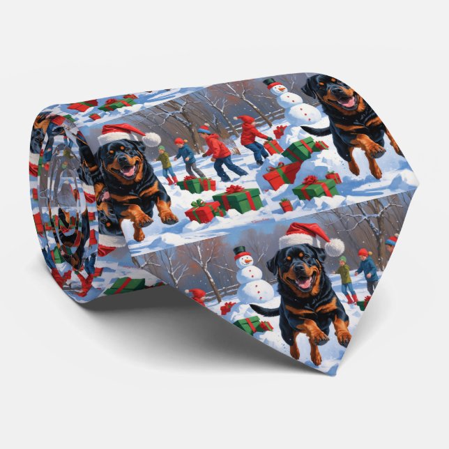 Gravata Rottweiler Correndo na Neve com Chapéu de Natal (Rolled)