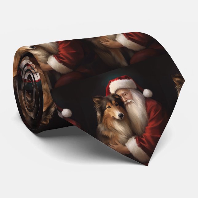 Gravata Rough Collie com Papai Noel Natal Festivo (Rolled)