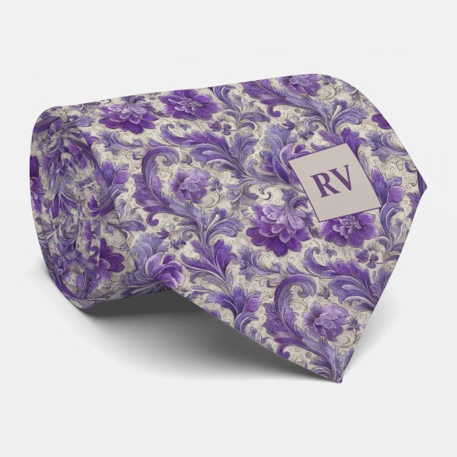 Gravata Roxo Antigo Lilás Floral Barroco (Rolled)